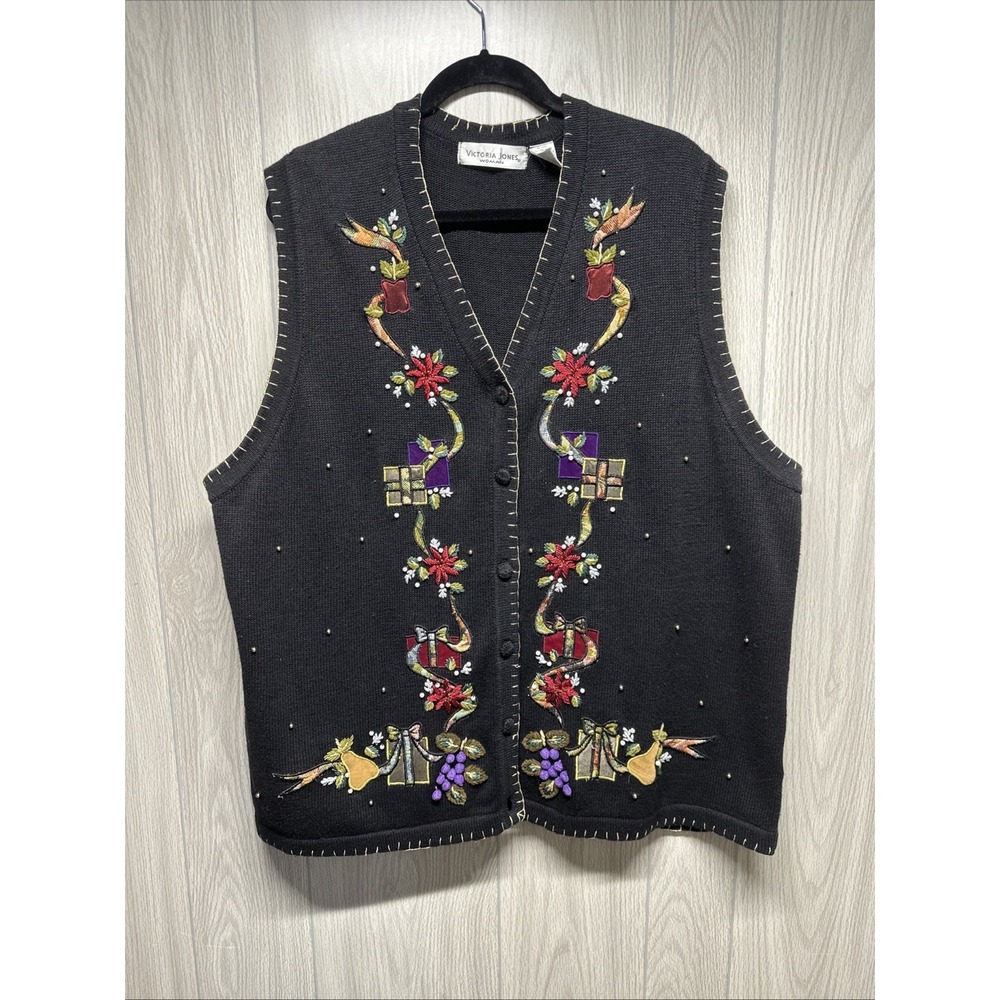 Victoria Jones Sweater Vest Women 2X Black Excellent Holiday Embroidered Beaded